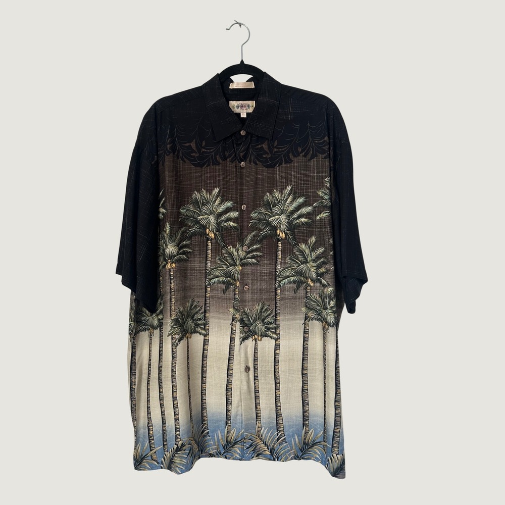 Campia Moda Button Down Shirt Mens XL Black Tropical Palm Tree Rayon Hawaiian